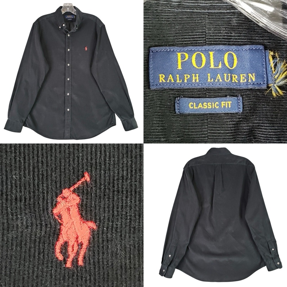 Polo Ralph Lauren Shirt Corduroy Button Down Mens M/L Fit Black Long Sleeve